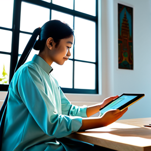 Home 6 A young Malaysian content creator, fully clothed in a modest, stylish outfit featuring subtle traditional motifs, is actively engaging with a tablet in a bright, modern creative studio. The screen displays vibrant digital art inspired by Malaysian cultural heritage. Sunlight streams through a large window, illuminating the scene. The pose is natural and professional, conveying a sense of modern innovation and cultural appreciation. The image emphasizes perfect anatomy, correct proportions, well-formed hands, and proper finger count. This is a high-quality, professional photograph, safe for work, appropriate content, and family-friendly.
