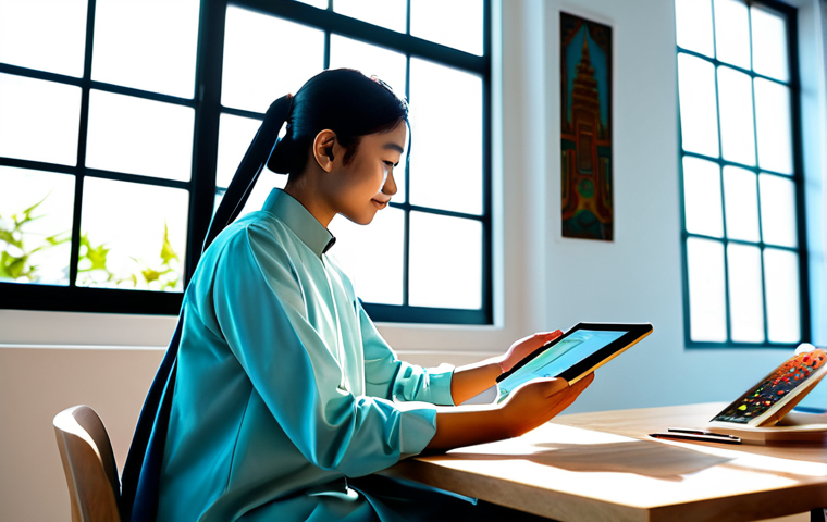 A young Malaysian content creator, fully clothed in a modest, stylish outfit featuring subtle traditional motifs, is actively engaging with a tablet in a bright, modern creative studio. The screen displays vibrant digital art inspired by Malaysian cultural heritage. Sunlight streams through a large window, illuminating the scene. The pose is natural and professional, conveying a sense of modern innovation and cultural appreciation. The image emphasizes perfect anatomy, correct proportions, well-formed hands, and proper finger count. This is a high-quality, professional photograph, safe for work, appropriate content, and family-friendly.